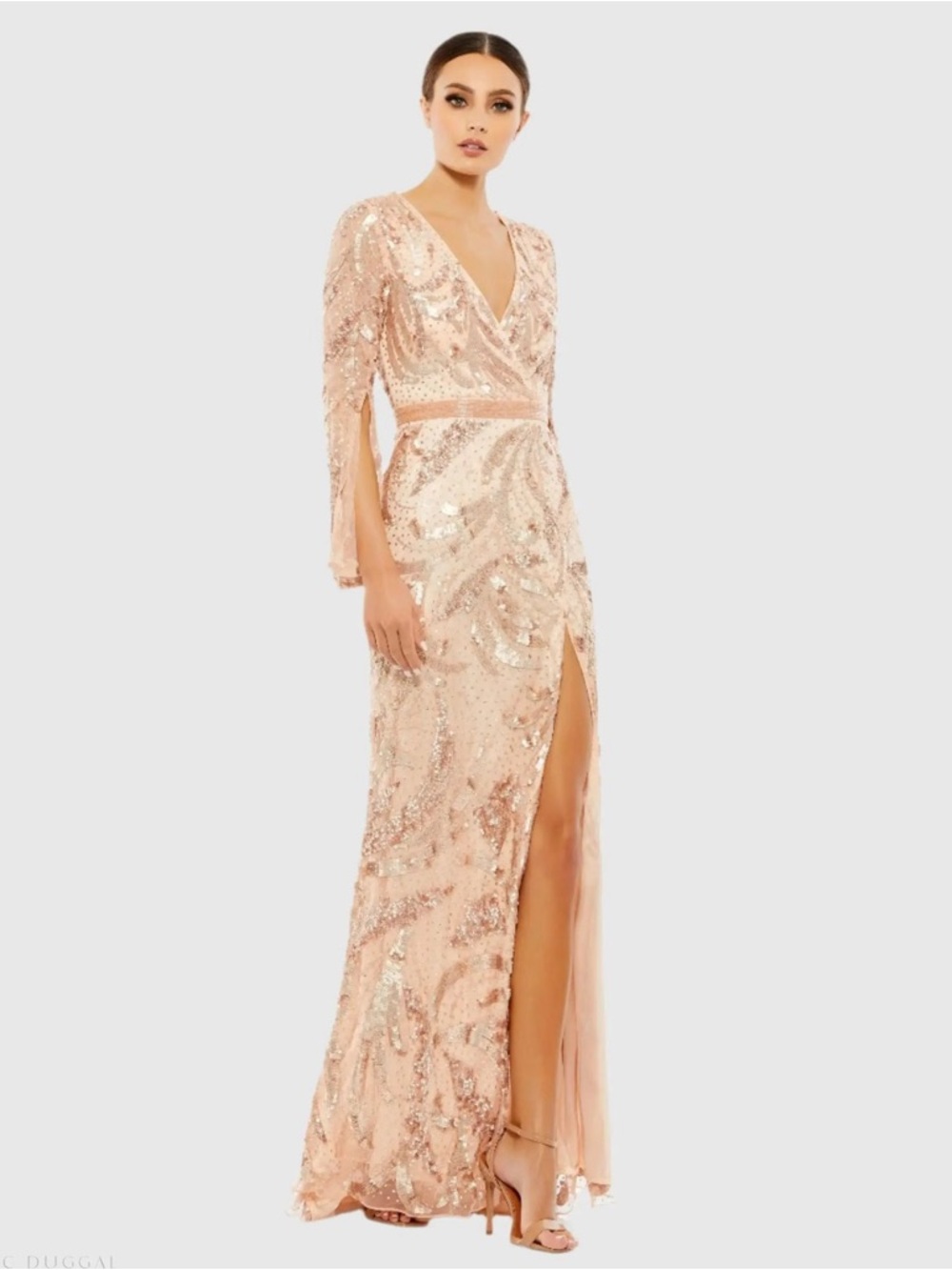 Mac Duggal 5222 Pink Sequined Faux Wrap Split Long Sleeve Gown Size 20 NWT